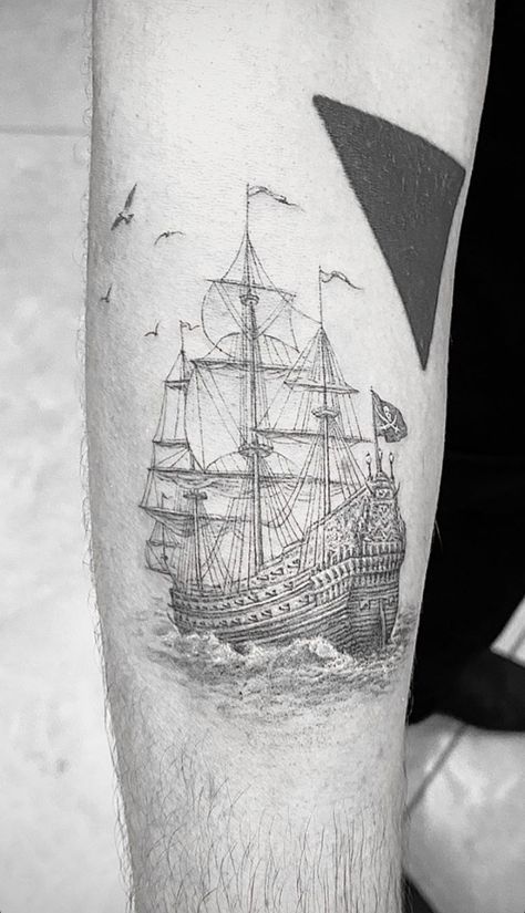 Galleon Ship Tattoo, Big Ship Tattoo, Fine Line Ship Tattoo, Ship Calf Tattoo, Ship Tattoo Fine Line, Black And White Ship Tattoo, Tall Ship Tattoo, Navy Painting, Sailing Tattoo