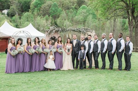 Lavender and Gray Wedding Party Lavender Grey Wedding, Vest Groomsmen, Lilac Wedding Colors, Wedding Color Schemes Purple, Gray Wedding Party, Lavender Wedding Colors, Grey Wedding Theme, Wedding Grey, Romantic Wedding Colors