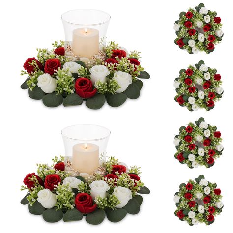 PRICES MAY VARY. 【Multi-Function Artificial Flowers Wreath】These artificial roses are attached by plastic base with hanging loops, easy to diy and hang, they can be adjusted and placed at will. You can use it as the ring for pillar candles, hurricane glass taper holder, lanterns, and pillars holders or hang the spring wreath from the front door or hang them on the back of wedding chairs, laying it flat on the table or wedding car decoration. 【Exquisite Handcrafted Wreaths】These fake roses head b Burgundy And White Centerpieces, Easy Table Centerpieces Party, Christmas Wedding Table Decor, Christmas Wedding Table, Roses Candle, Burgundy Wedding Centerpieces, Christmas Wedding Inspiration, Roses Wreath, Summer Wreath For Front Door