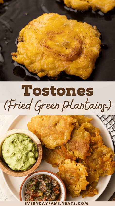 Crispy, crunchy and salty, these Tostones, or twice-fried green plantains, make for the perfect snack or side dish. Fried Green Plantains, Fried Plantains Sweet, How To Fry Plantains, Fry Plantains, Green Plantain Recipes, Plantains Recipes, Fried Plantain Recipe, Green Plantains, Fried Plantain