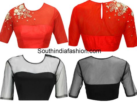 Blouse Designs with Transparent Neckline, net blouse designs, choli with net on back Transparent Blouse Design, Blouse Designs Back Neck, Blouse Neck Models, Net Blouse Designs, Blouse Designs Back, Print Blouse Design, Indian Blouses, Latest Saree Blouse, Designs Blouse