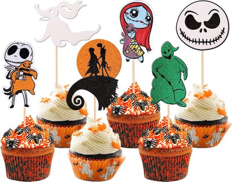 24 PCS Jack Skellington Halloween Cupcake Toppers Glitter Skull Ghost Jack and Sally Cupcake Picks for Nightmare Before Christmas Theme Wedding Anniversary Birthday Party Cake Decorations Supplies Christmas Theme Wedding, Nightmare Before Christmas Theme, Jack Skellington Head, Nightmare Before Christmas 2, Glitter Skull, Skull Ghost, Halloween Cupcake Toppers, Halloween Cupcake, Edible Cupcake Toppers