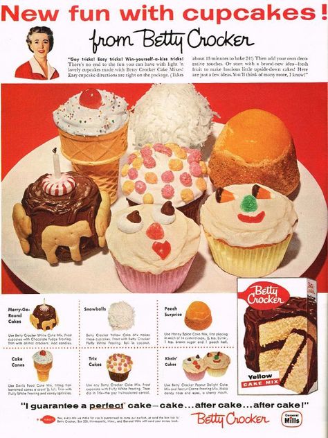 Cake Mix Cupcakes, Betty Crocker Cake Mix, Betty Crocker Cake, Bizarre Foods, Vintage Baking, Vintage Dessert, Easy Cupcakes, Vintage Cooking, Vintage Food