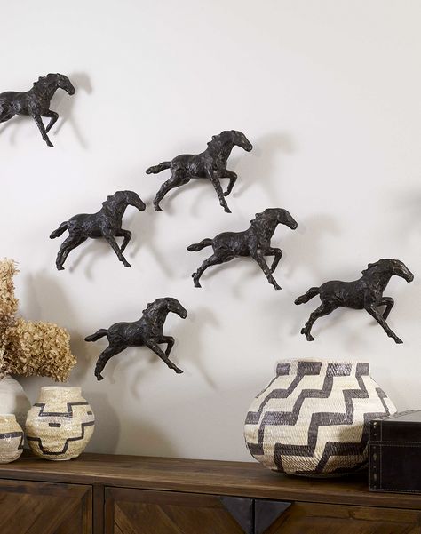 A symbol of American pride, this wild mustang wall sculpture will look great running by itself or in a herd across a wall. Made of cast iron with a rich bronze finish. The sculpture hangs easily with an included hanger. Adobe Interior, Horse Room, Upscale Furniture, Equestrian Decor, Modern Western, Western Homes, Horse Decor, Metal Wall Sculpture, Horse Wall