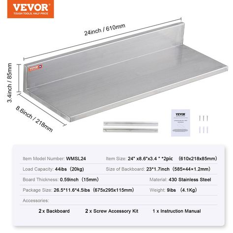 VEVOR 24" x 8.6" Stainless Steel Wall Mounted Shelf Kitchen Restaurant Shelving | eBay Backsplash Size, Restaurant Shelving, Floating Shelving, L Shaped Shelves, Stainless Steel Shelf, Metal Wall Shelves, Pantry Organizers, Bar Home, Steel Shelf