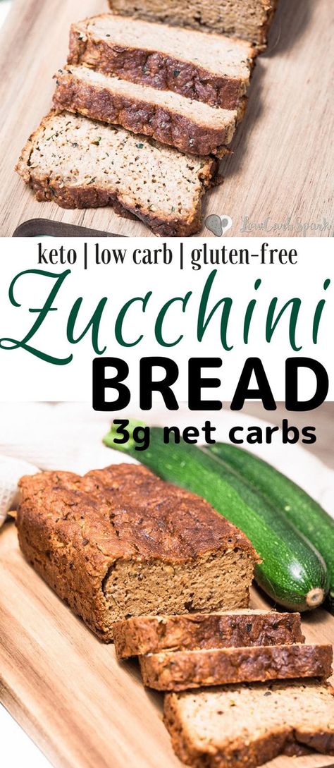 This keto zucchini bread recipe is super moist, perfectly spiced, and low in carbs bread with grated zucchini, cinnamon, nutmeg, and optional walnuts or pecans. You can turn the batter into zucchini muffins too! Zucchini Bread With Almond Flour, Bread With Almond Flour, Low Carb Zucchini Bread, Keto Zucchini Bread, Postres Keto, Pinterest Collage, Keto Bread Recipe, Keto Breakfasts, No Bread Diet