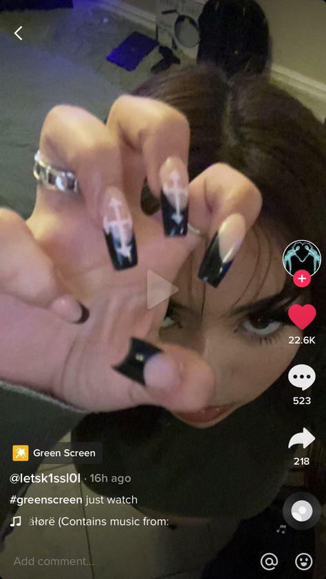 Black French Tip Nails Cross, Black Acrylic Nails With Cross, Black French Tip Nails With Cross, French Tip Cross Nails, Nail Designs With Crosses, Black Nails With Cross Design, Black Nails Cross, Cross Nails Design, Cross Acrylic Nails