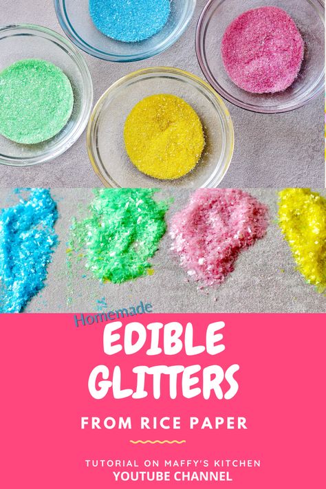 The easiest homemade diy edible glitter made with rice paper. Full tutorial on my YouTube channel (Maffy’s Kitchen). #diy #diyideas #edibleglitter #glitter #diyglitters #cakedecoratingtips #cakeideas How To Make Edible Glitter, Edible Cake Toppers Diy, Diy Edible Glitter, Make Edible Glitter, Edible Glitter Recipe, Homemade Sprinkles Recipe, Edible Glitter Sugar, Cake Decorating Hacks, Gelatin Cake