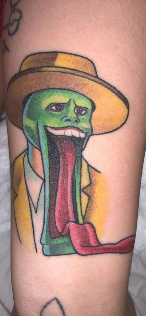 Jim Carrey “the Mask” tattoo Jim Carrey The Mask Tattoo, The Mask Tattoo Design Jim Carrey, Jim Carrey Tattoo Ideas, Horror Mask Tattoo, The Mask Tattoo Jim Carrey, Jim Carrey Tattoo, The Mask Tattoo, The Mask Cartoon, The Mask Jim Carrey