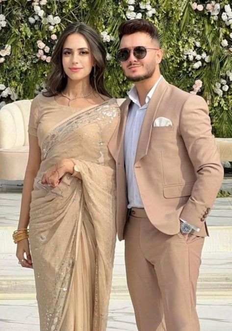 Couple dress outfits. Couple Matching Outfits Indian, Couple Dress Matching Indian, Couple Dress Matching, Engagement Couple Dress, Wedding Matching Outfits, Beige Suit, Suit For Wedding, Couple Matching Outfits, Couple Wedding Dress