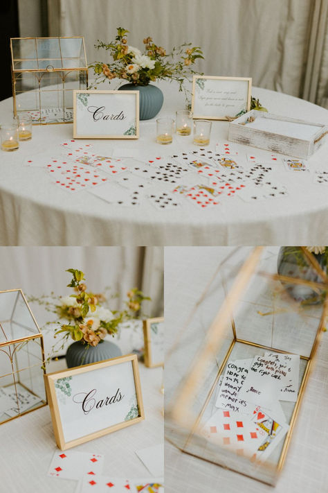 Playing cards used as a wedding guestbook Wedding Guest Book Table Set Up, Cute Wedding Guest Book Ideas, Playing Card Wedding Guest Book, Ideas For Guest Book Wedding, Deck Of Cards Guest Book, Playing Card Guest Book, Unique Guest Book Ideas For Wedding, Game Guest Book, Playing Card Wedding