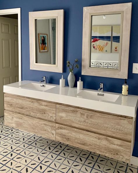 Sherwin Williams Revel Blue SW 6530 bathroom Coastal Bathroom Decor, Coastal Bathroom, Sherwin Williams Colors, Annie Selke, Coastal Bathrooms, Retro Beach, The Tile Shop, Blue Porcelain, Corner Design