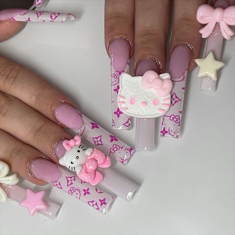 Lv Nails, Kitty Nails, Duck Nails, Inland Empire, Hello Kitty Nails, Hello Kitty Iphone Wallpaper, Long Acrylic Nails, Nail Decals, Ribbon Slides