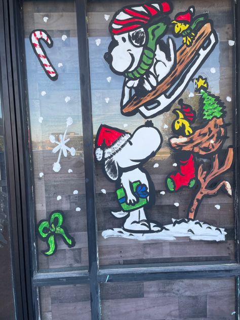 Candy cane. Bow. Snoopy and Woodstock wearing hats and scarfs riding sled. Snoopy dropping off present to woodstocks nest. Hanging stocking and Christmas tree. Snoopy Celebrating, Christmas Window Painting, Christmas Windows, Christmas Window Decorations, Peanuts Christmas, Celebrating Christmas, Snoopy Christmas, Christmas Window, Window Art