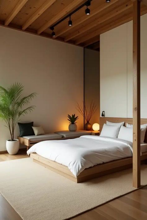 Minimalist bedroom with a wooden bed frame, white bedding, potted plant, and warm lighting. Zen Hotel Room, Luxurious Hotel Bedrooms, Bedroom Inspirations Master Modern Luxury, Warm Minimalist Bedroom, Airy Bedroom Ideas, Hotel Vibe Bedroom, Resort Bedroom, Clean Room Aesthetic, Luxury Hotel Bedroom