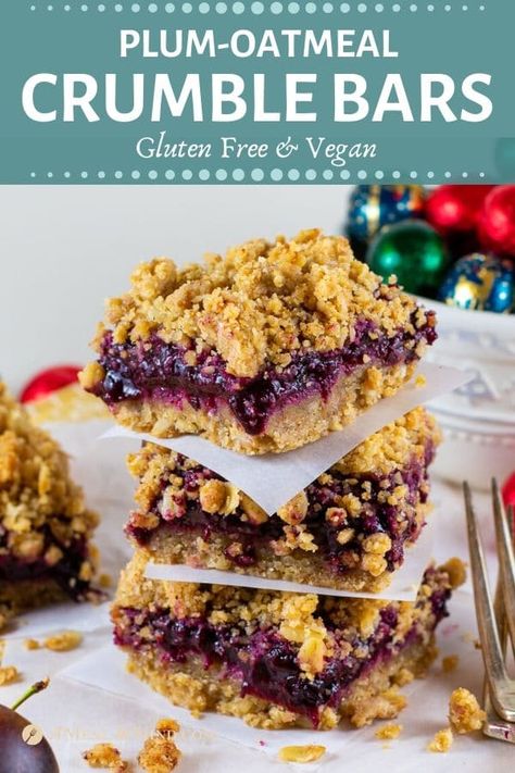 These gluten-free, vegan plum-oatmeal crumble bars have a delicious oatmeal-almond crust and topping. Fill with your own easy, tart homemade plum jam. | A Meal In Mind @amealinmind #amealinmind #cookie #barcookie #plumcrumble #easybarcookie #plumcrumblebar #glutenfree #vegancookie Plum Oatmeal, Jam Slice, Berry Crumble Bars, Oatmeal Crumble, Plum Crumble, Almond Crust, Easy Apple Crisp Recipe, Plum Recipes, Cream Puff Recipe