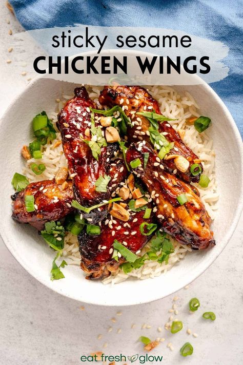 Chicken Wings And Rice, How To Make Sticky Wings Recipe, Sticky Sesame Chicken Recipe, Sweet And Sticky Chicken Wings, Sticky Chinese Chicken Wings, Sticky Sesame Chicken Wings, Sesame Chicken Wings Recipe, Marinated Wings, Honey Baked Chicken