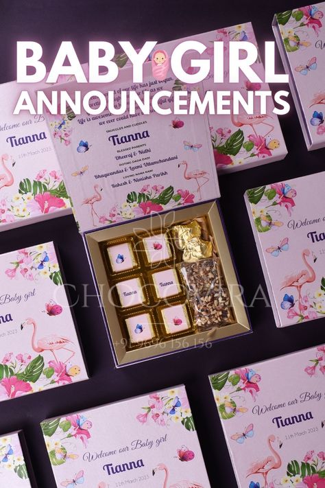 Personalized Chocolate Boxes for Baby Girl Birth Announement by Chocovira Birth Announcement Ideas, Chocolates Gift, Chocolate Boxes, Packaging Template, Customised Gifts, Announcement Ideas, Baby Birth Announcement