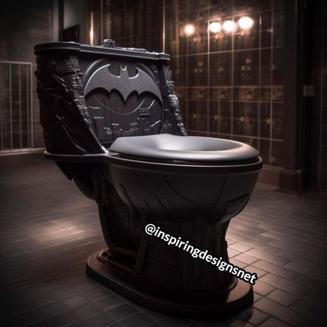 Superhero Bathroom Decor, Batman Bathroom, Crazy Bathrooms, Man Cave Must Haves, Superhero Bathroom, Unusual Bathrooms, Batman Room, Batman Decor, Superman Spiderman