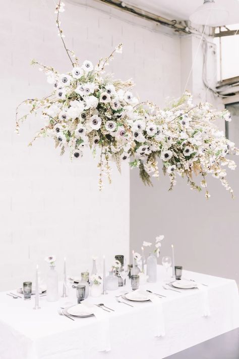 The Most Creative Hanging Installation Ideas for Your Wedding The Ceiling, White Flowers, Ceiling, Weddings, Black And White, Flowers, Floral, White, Black