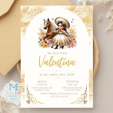 Mexican Themed Digital Baptism Invitation - Editable and Customizable / canva / bautizo charro / mexicano / Girl with horse by MagnoliaPrintsfiles on Etsy Mexican Theme Baptism For Girl, Charro Baptism, Mexican Patterns, Girl With Horse, Mexican Invitations, Bautizo Ideas, Mexican Pattern, Ideas Decoracion, Baptism Invitation