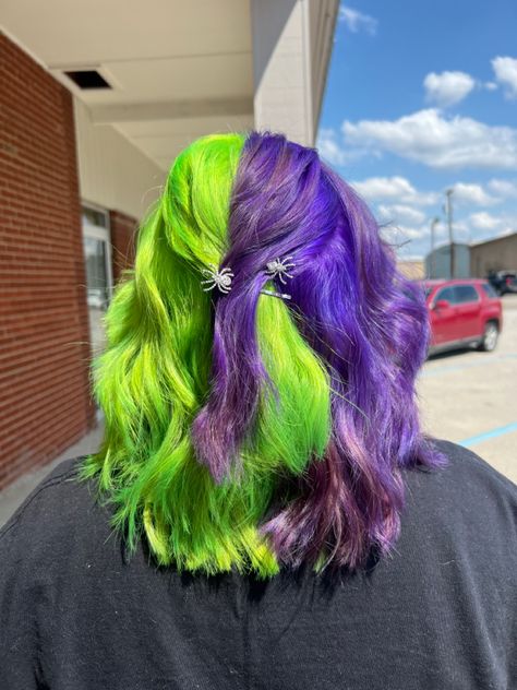 Green And Purple Hair Split, Hair Dye Split, Purple Split Dye, Halloween Hair Dye, Split Dye Hair Ideas, Dye Hair Ideas, Purple And Green Hair, Split Dye Hair, Short Purple Hair