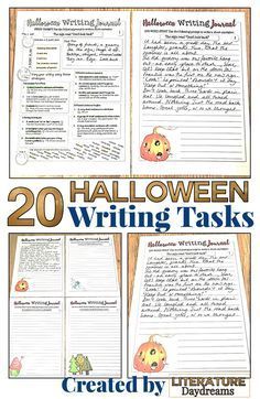 These Halloween writing prompts are a great way to involve your middle school and high school students in the spooky season. Included are 20 fantastic writing activities, as well as 20 more activities focused on improving writing skills. English teachers can use these for lessons, writing centers, Halloween fun, narrative writing workshops, and more. Click through to learn more about this Halloween writing resource! #Halloween #writing #ELA #CreativeWritingPrompts Halloween Literature, Middle School Writing Activities, Halloween Lesson Plans, Halloween Writing Activities, Halloween Writing Prompts, Fall Lesson Plans, Halloween Lesson, English Teacher Resources, Halloween Writing