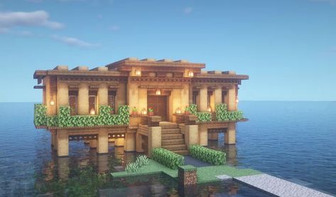 Minecraft House On Water Aesthetic, Mc Simple House, Minecraft Sea House Ideas, Lake Base Minecraft, On Water House Minecraft, Water House Minecraft Ideas, Lake House Minecraft Easy, Minecraft House Above Water, Minecraft Waterfront House