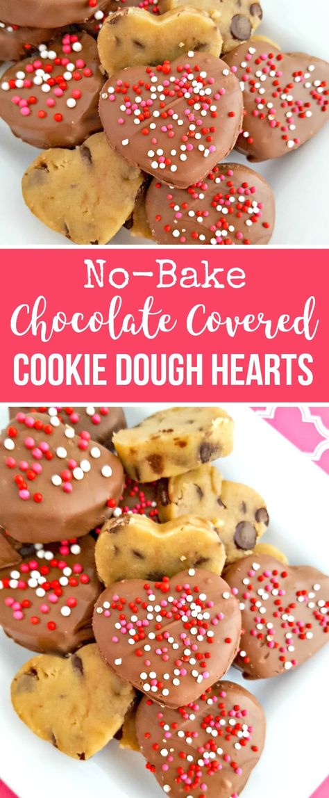 No Bake Valentine Treats, Cookie Dough Hearts, Chocolate Covered Cookie Dough, Valentines Treats, Chocolate Covered Cookies, Valentines Baking, Raw Cookie Dough, Chocolate Covered Treats, Cookie Dough Recipes