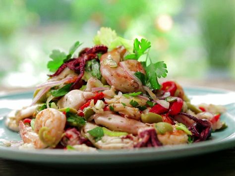 Spanish Seafood Salad from FoodNetwork.com Grilled.  Bobby Flay Seafood Salad Recipe, Fancy Salads, Crab Salad Recipe, Sea Food Salad Recipes, Dash Diet Recipes, Fresh Salad Recipes, Grape Salad, Best Salad Recipes, Seafood Salad