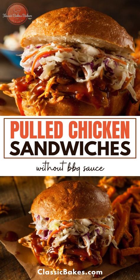 Recipe for Pulled Chicken Sandwiches without BBQ Sauce. By shredding the chicken and smothering it in a thick, delectable sauce, we'll show you how easy it is to make this fun and savory twist on a regular grilled chicken sandwich. This is a great recipe to serve at your next outdoor picnic with friends and family. To see the full recipe, click here. Chicken Breast Sandwich Recipes, Shredded Chicken Sandwiches, Chicken Breast Sandwich, Pulled Chicken Recipes, Grilled Chicken Sandwich, Chicken Boneless Breast Recipes, Pulled Chicken Sandwiches, Marinating Chicken Breast, Smothered Chicken