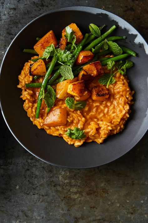 Thai Curry Risotto With Squash and Green Beans Recipe - NYT Cooking Squash And Green Beans, Curry Risotto, Vegetarian Easter Recipes, Vegetarian Easter, Baked Risotto, Roasted Squash, Nyt Cooking, Beans Recipe, Green Bean Recipes