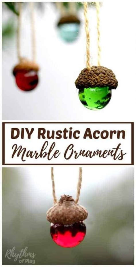 DIY Rustic Acorn Marble Ornaments - These natural DIY ornaments make a wonderful Christmas craft and homemade decor. They look beautiful on the Christmas tree. Grab a few acorns and caps and get started on these Christmas nature craft decorations! Marble Ornaments, Chrismas Crafts, Acorn Ornaments, Holiday Crafts For Kids, Christmas Activities For Kids, 12 December, Crafts For Kids To Make, Homemade Crafts, Tree Crafts