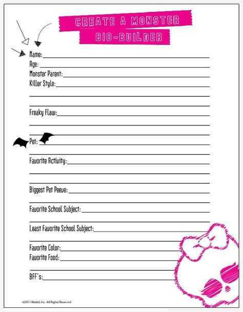 This is a page you can print out for all the little "ghouls" or boys at your daughters Monster High themed party. Its a Monster High Bio Builder, The kids will <3 Love <3 filling out this, Moms or Dads, you might too!! hehe.. =) Monster High Templates, This Or That My Type Template, Monster High Notebook, Go For It Base, Monster High Journal, Monster High Diary, Monster High Base, Monster Types, Create Your Own Monster