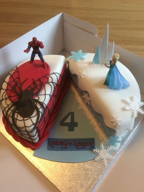 Two Different Themes In One Cake, Frozen Spiderman Cake, Spiderman And Frozen Birthday Party, Elsa And Spiderman Cake, Frozen And Spiderman Party, Twin Cake Ideas, Kitty Y Spiderman, Double Birthday Parties, Cake Frozen