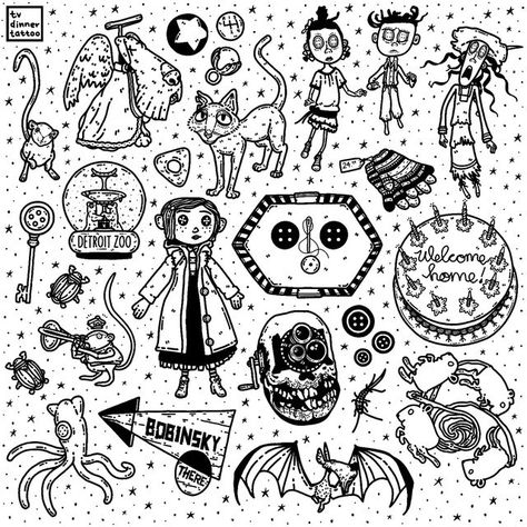 Mini Coraline Tattoo, Cool Coraline Tattoos, Coraline Dog Tattoo, Coraline Small Tattoo, Coraline Aesthetic Tattoo, Coraline Patchwork Tattoo, Horror Flash Sheet, Small Coraline Tattoo Simple, Coraline Bug Tattoo