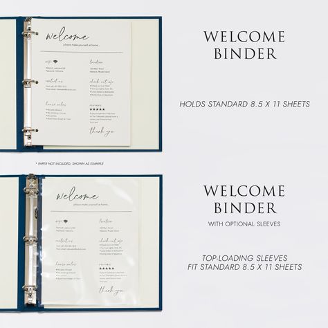 Create the perfect “welcome” for guests and friends with a Rag & Bone Bindery Welcome Binder. Great for keeping relevant documents, brochures, favorite spots, and suggestions all in one place for your rental property or vacation home. Print and store your 8.5 x 11 documents all in one place for guests and friends.FEATURES: Perfect for vacation home, Air BnB properties, or for the guest house.INSIDE: Welcome Binders are available with optional sleeves for documents, brochures, etc. and each binde Airbnb Binder, Airbnb Branding, Binder Storage, Postcard Album, Anniversary Journal, Photo Binder, Album Storage, Home Binder, Airbnb Design