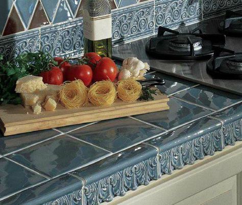 Kitchen Counter Tile, Blue Kitchen Tiles, 80s Kitchen, Tile Countertops Kitchen, Modern Backsplash, Tile Counters, Kitchen Counter Top, Farmhouse Kitchen Remodel, Tile Countertops