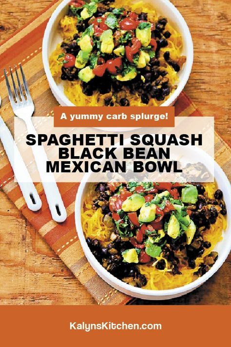 Spaghetti Squash Black Bean Mexican Bowl features spicy black beans and tomato-avocado-cilantro salsa in a delicious bowl meal. [found on KalynsKitchen.com] #VeganMexicanBowl #SpaghettiSquashVeganBowl #SpaghettiSquashMexicanBowl #BlackBeanMexicanBowl Spaghetti Squash Vegan, Black Bean Mexican, Squash Black Bean, Spaghetti Squash Recipes Vegan, Spicy Black Beans, Spaghetti Squash Shrimp, Vegan Spaghetti Squash, Mexican Bowl, Legumes Recipes