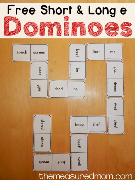 FREE short and long e dominoes. Fun magic E or bossy E activity for kids! Long E Activities, Long Vowel Games, Short Vowel Games, Word Pattern, Spelling Game, The Measured Mom, Measured Mom, Vowel Activities, Long E