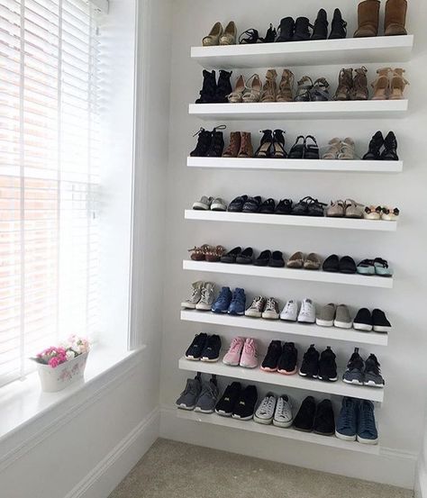 Shoe Closet Inspiration, Walk In Closet With Shoe Shelves, Floating Shelves Shoes, Shoe Rack Ideas Bedroom, Shoe Display Ideas Bedroom, Bedroom Shoe Storage, Shoes Rack Ideas, Garage Shoe Storage, Shoe Rack Bedroom