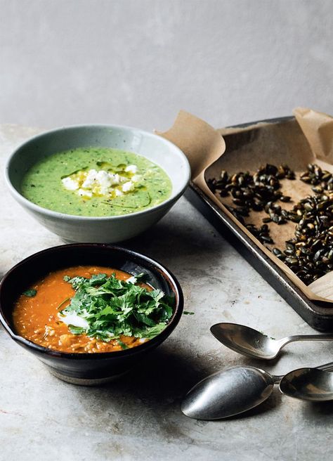 Courgette, pea and basil soup from Ottolenghi Simple by Yotam Ottolenghi Courgette Soup, Basil Soup, Green Soup, Yotam Ottolenghi, Vegetable Stock, Chicken Stock, Gluten Free Vegetarian, Peas, Feta