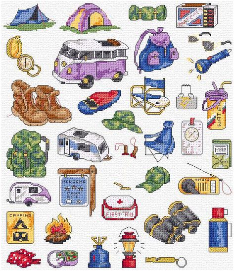 Camping Cross Stitch Patterns, Cross Stitch Camping, Stitch Collection, Bus Camper, Cross Stitch Books, Quick Stitch, Mini Cross Stitch, Stitch Book, Camper Life