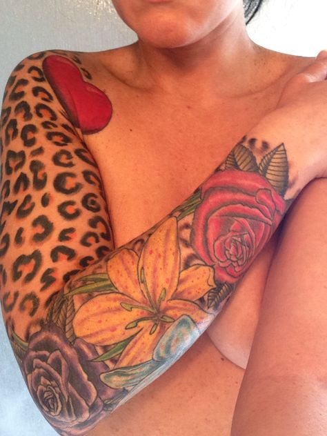 Leopard Print Half Sleeve Tattoo, Rose And Leopard Print Tattoo, Tabby Patterns, Leopard Print Tattoo Sleeve, Cheetah Tattoos, Animal Print Tattoo, Cheetah Print Tattoos, Leopard Print Tattoos, Leopard Tattoo