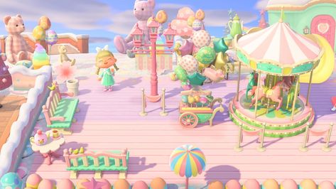 Acnh Pink Carnival, Pastel Kidcore Acnh, Acnh Pink Island, Acnh Plaza, Spring Acnh, Anch Ideas, Kawaii Island, Acnh Idea, Pastel City