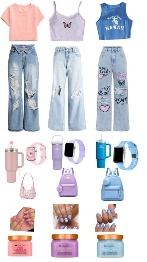 Three color based outfits with bags, watches, Stanleys, nails, and tree huts Mall Outfit, Cute Outfits, How To Wear, Clothes