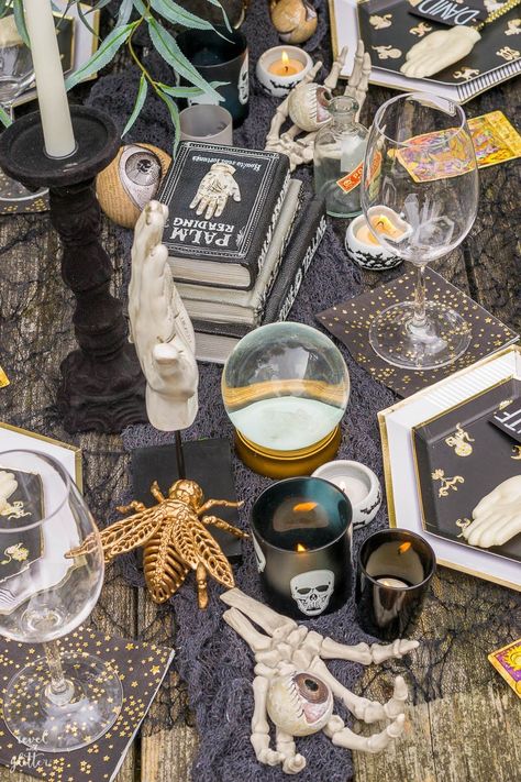 Mystical Fortunes Halloween Party Mystic Theme Party, Tarot Halloween Party, Occult Themed Party, Fortune Teller Party Theme, Celestial Halloween Decor, Gatsby Halloween Party, Mystical Party Theme, Tarot Themed Party, Witchy Party Decor