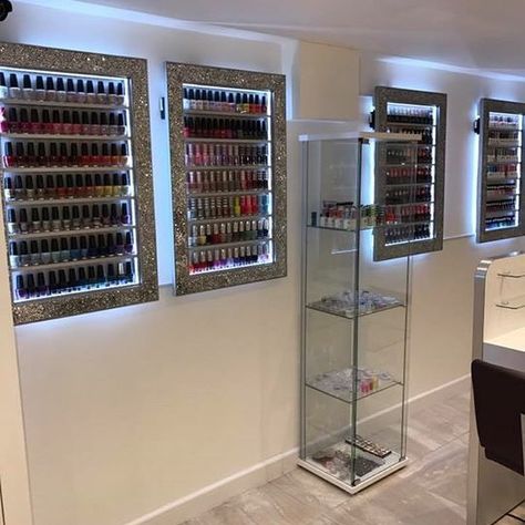 Magic Nail Bar Watford UK💜 Look how glam these nail polish display frames look they add style and really are like a piece of art on the wall 💜 Find them here 💜 https://chicybee.co.uk/nailpolishracks/mirrornail/mosaicledportriatacryliclip.html Nail Assesories, Twist Updo Hairstyles, Nail Polish Storage Ideas, Nail Polish Display, Nail Salon Interior, Salon Suites Decor, Polish Display, Home Nail Salon, Nail Salon Decor