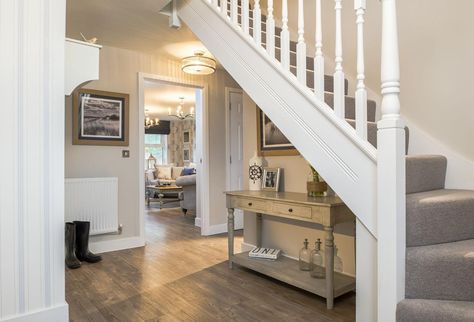 White Hardwood Floors, Built Ins Dining Room, Hallway Ideas Diy, David Wilson Homes, Scandinavian Room, David Wilson, Hallway Ideas Colour, New Build, Utility Room