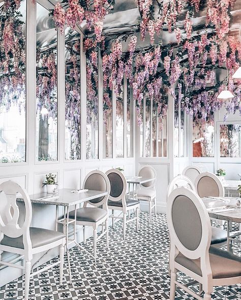 The best cafe interior key points: ✔️ Fancy floor ✔️ All white eveything ✔️ Purple flowers everywhere How perfect is that? #london #uk #flowers by katie.one on IG Purple Cafe, Flower Cafe, Coffee Shop Design, Cafe Interior Design, Restaurant Interior Design, Restaurant Interior, Cafe Interior, Cafe Design, Tea Room